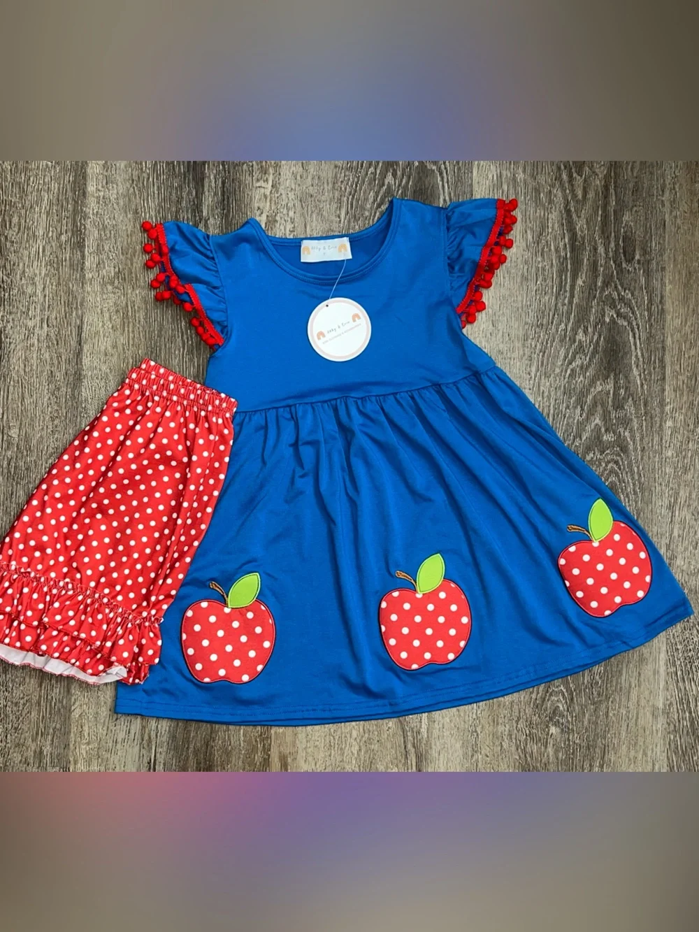 Girls Blue Apple Print Matching Set with Red Polka Dot Shorts